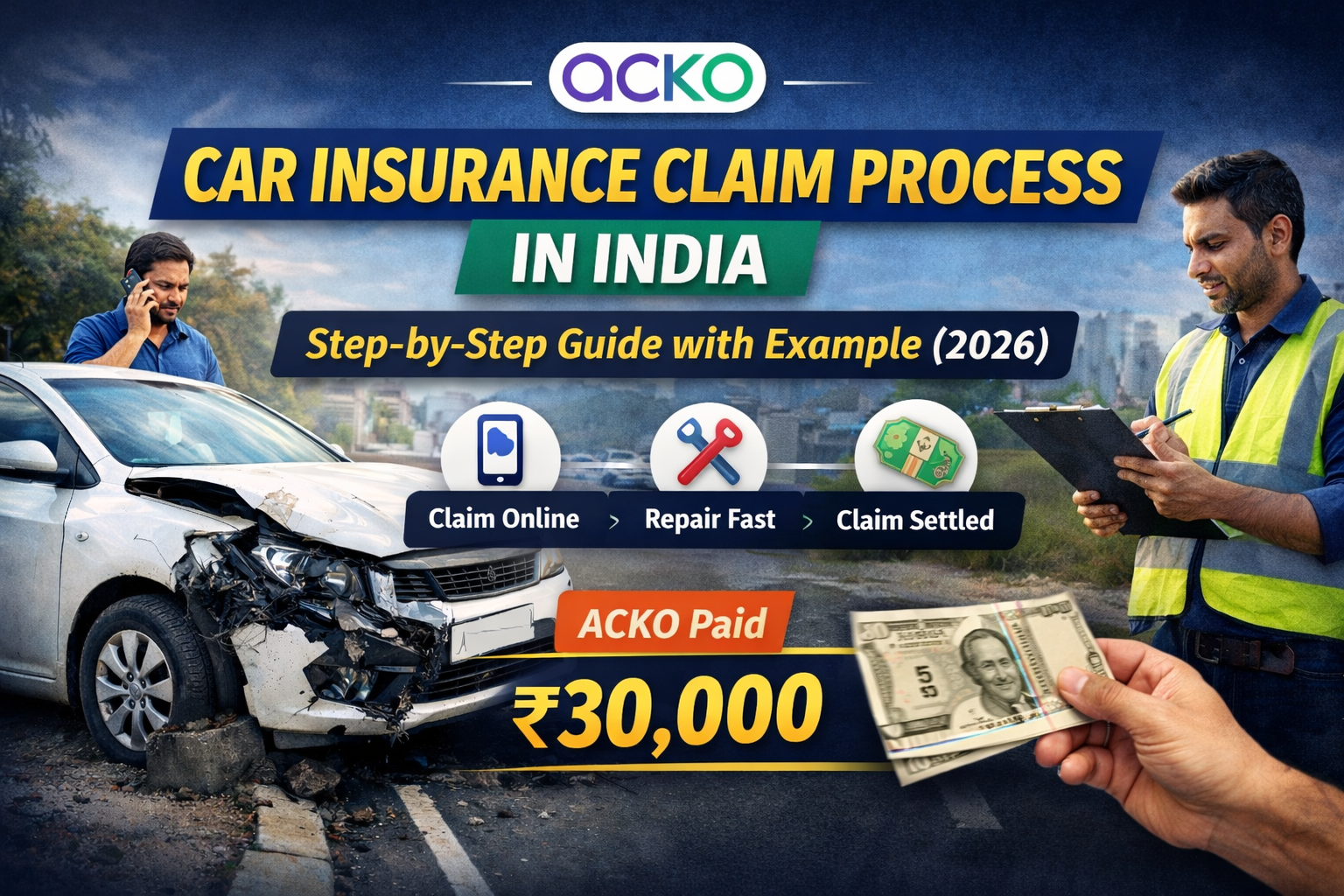 Learn the complete ACKO car insurance claim process in India with this easy step-by-step guide. Find out how to file a claim online, choose cashless or reimbursement options, submit documents, and get fast claim settlement. This article also includes a real-life example showing how a car owner successfully claimed ₹30,000 after an accident. Perfect guide for car owners who want quick and hassle-free ACKO insurance claim approval.