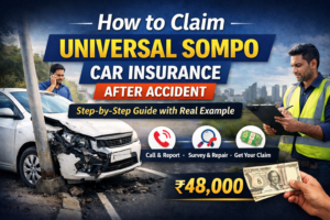 Learn how to claim Universal Sompo car insurance after an accident with this complete step-by-step guide. This article explains the cashless claim process, required documents, claim settlement time, and expert tips to avoid rejection. Also read a real-life example of how a car owner successfully claimed ₹48,000 and saved money. This guide is useful for all car owners in India who want fast and hassle-free insurance claim settlement.