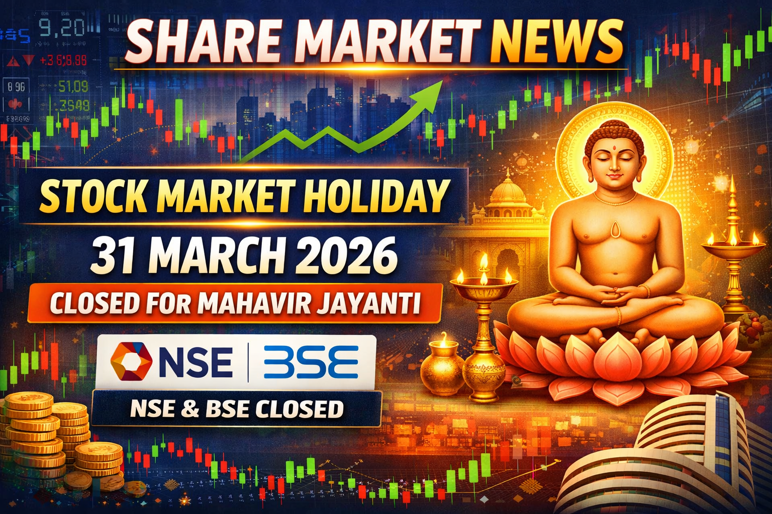 The Indian stock market will remain closed on 31 March 2026 due to Mahavir Jayanti. NSE and BSE will not conduct trading, and the market will reopen on 1 April 2026.
