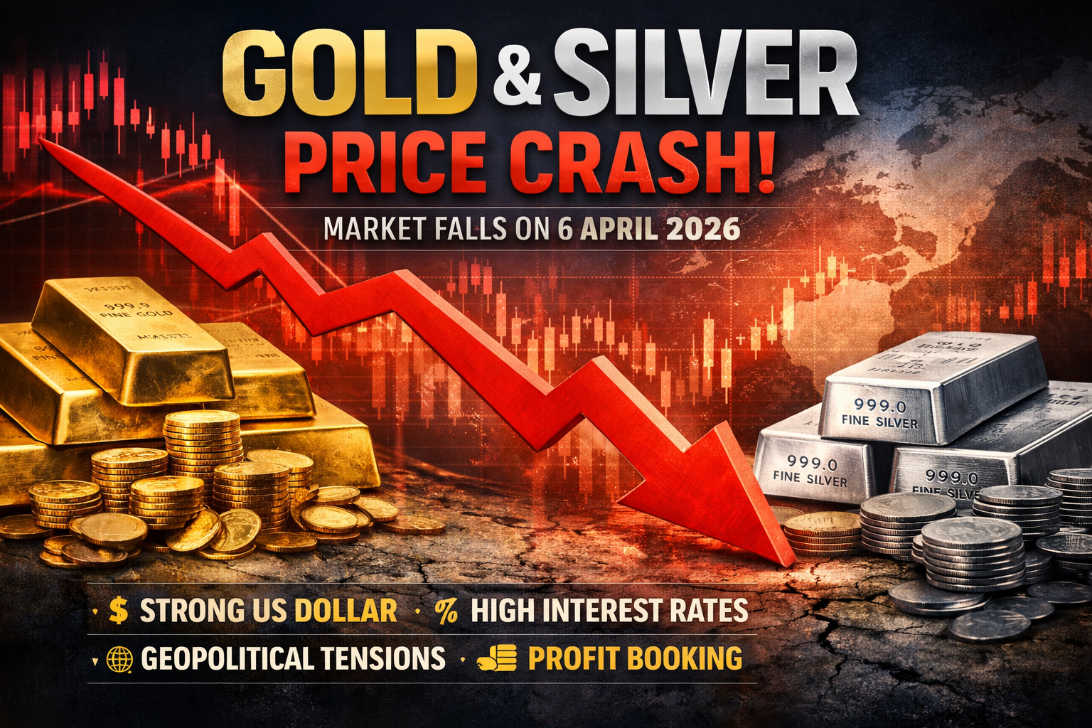 Gold and silver prices dropped on 6 April 2026 due to a stronger US dollar, high interest rate expectations, and profit booking by investors. Despite the short-term fall, precious metals remain important for long-term investment and wealth protection. Investors should watch global economic trends before making buying decisions.