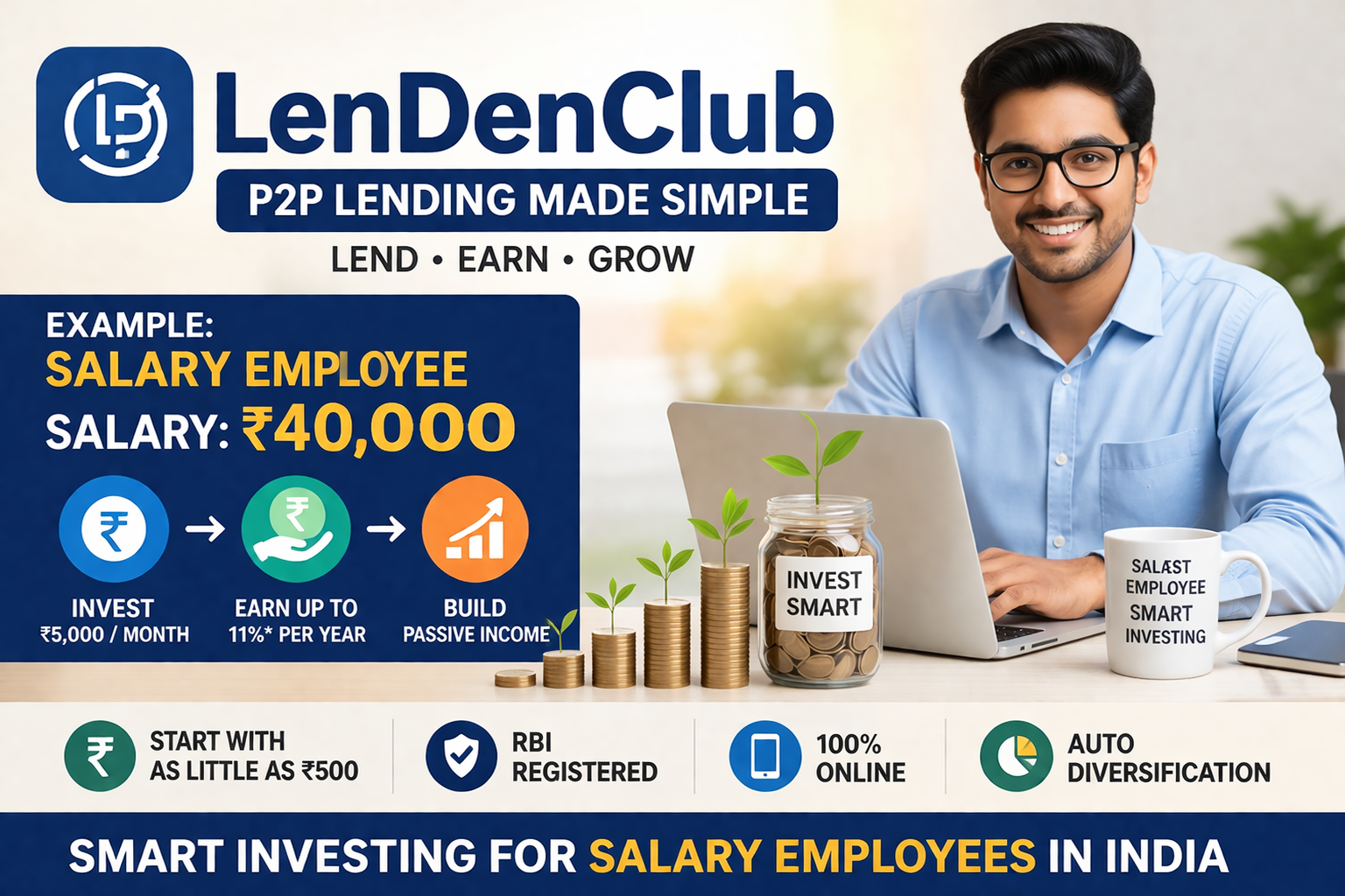 LenDenClub is an RBI-registered P2P lending platform that allows investors to lend money to borrowers and earn interest. This guide explains how a ₹40,000 salary employee can start investing with small amounts and generate passive income through P2P lending.