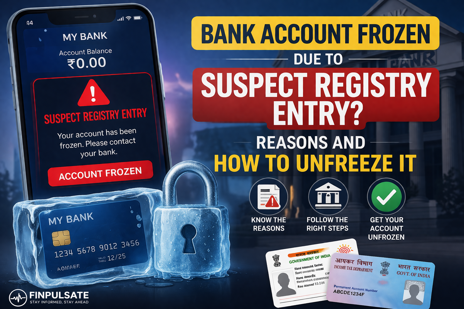 A bank account showing “Suspect Registry Entry” may be temporarily frozen due to suspicious transactions, KYC issues, or cyber fraud complaints. Learn the reasons behind this problem and the simple steps to unfreeze your bank account quickly.